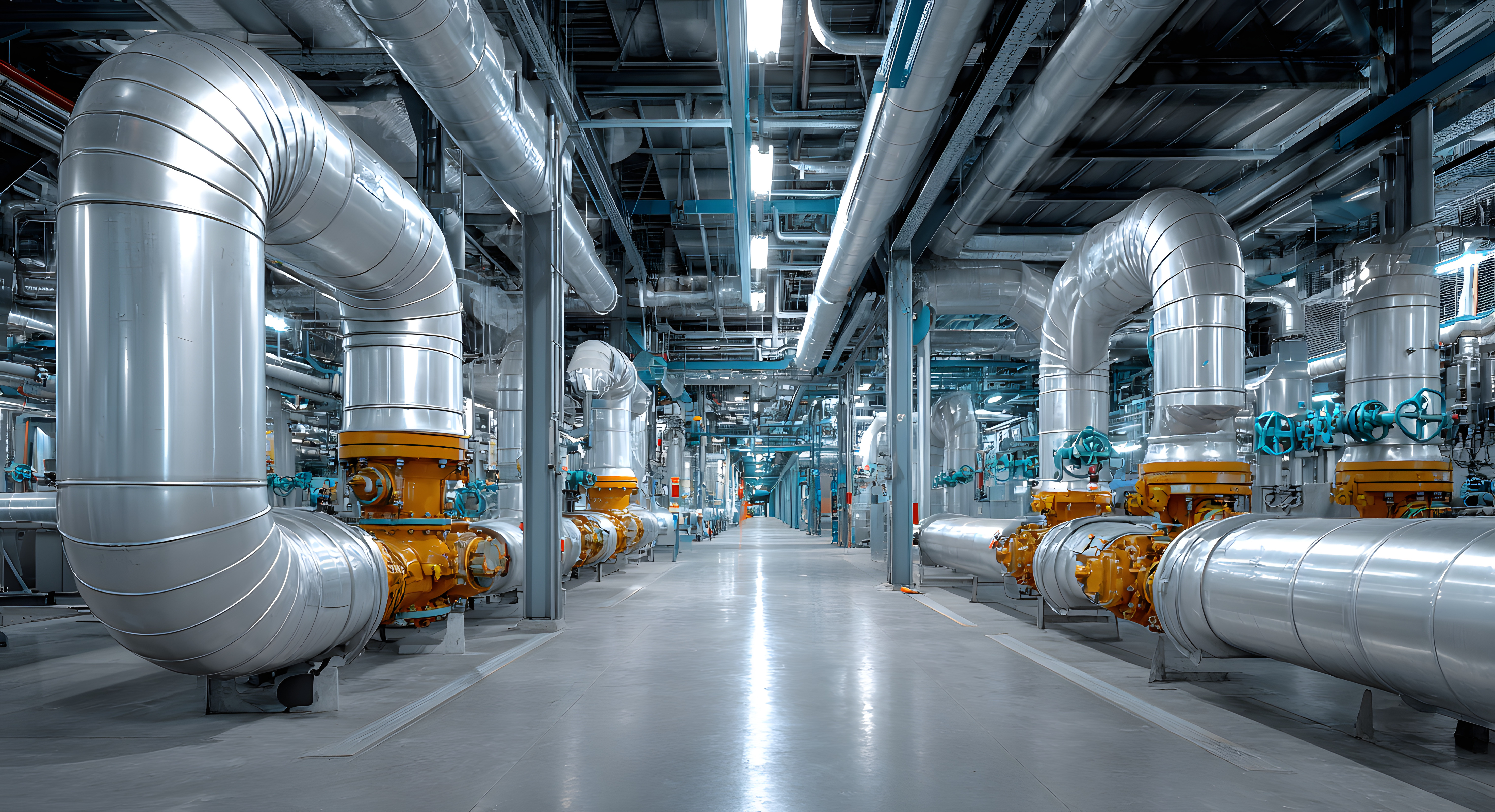 Large industrial facility with stainless steel pipes, valves, and mechanical systems arranged in parallel rows.
