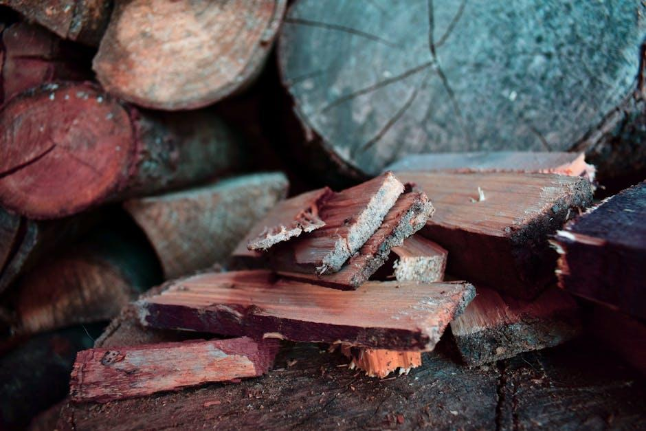 Close-up of stacked chopped firewood logs with rough textures and cut edges.