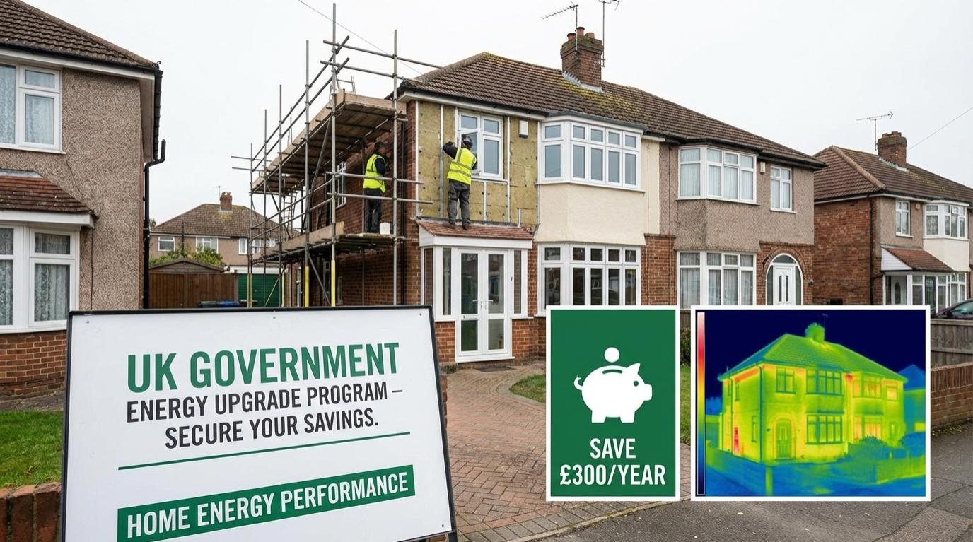 UK home undergoing insulation work as part of a government energy upgrade program to improve efficiency and reduce energy costs.