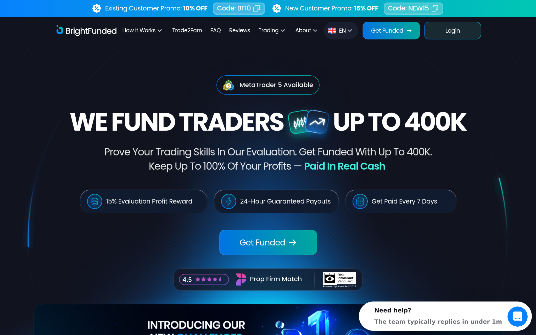 Screenshot of the BrightFunded homepage promoting funded trader accounts and payouts.