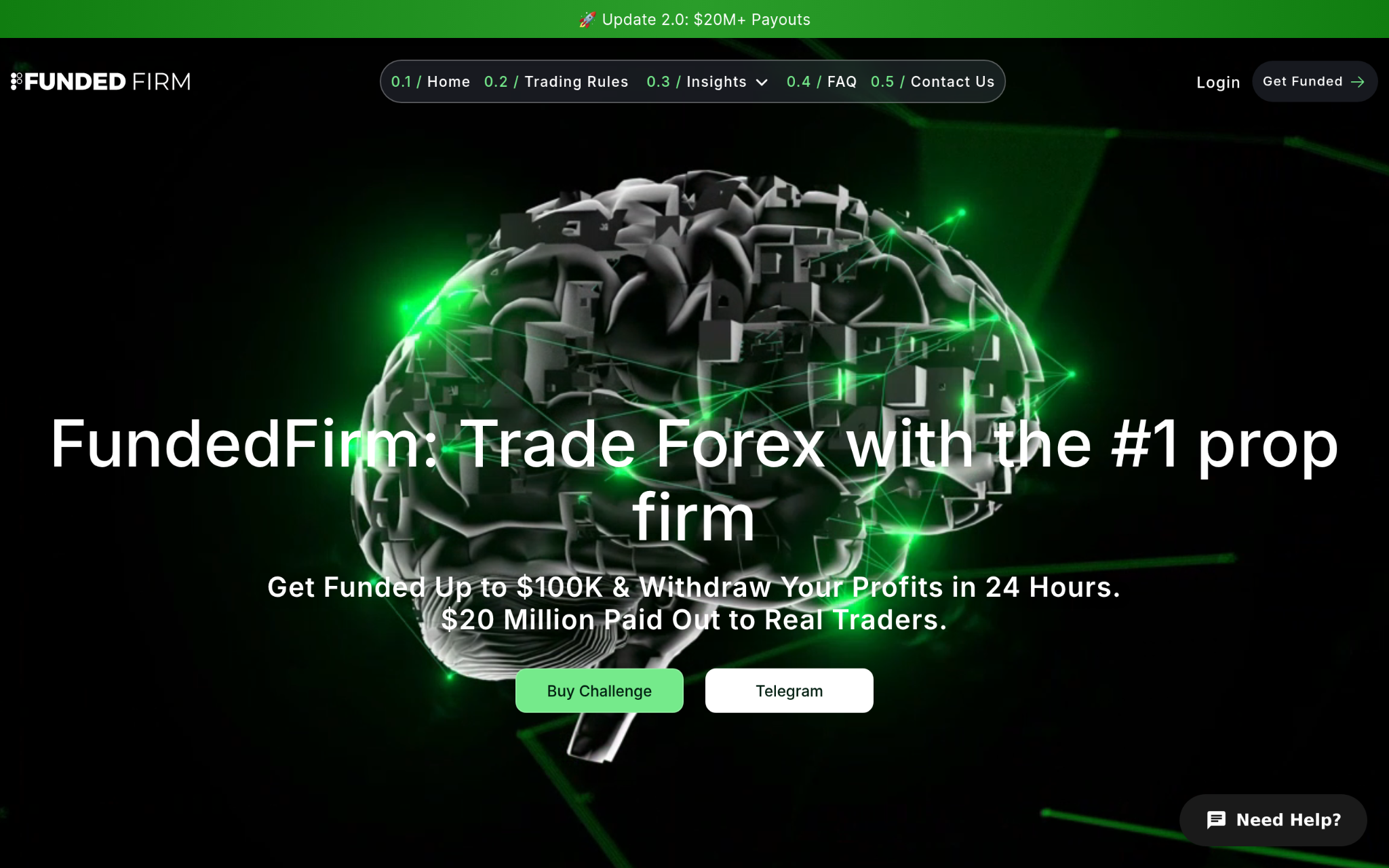 Screenshot of the FundedFirm homepage promoting funded forex trading challenges.