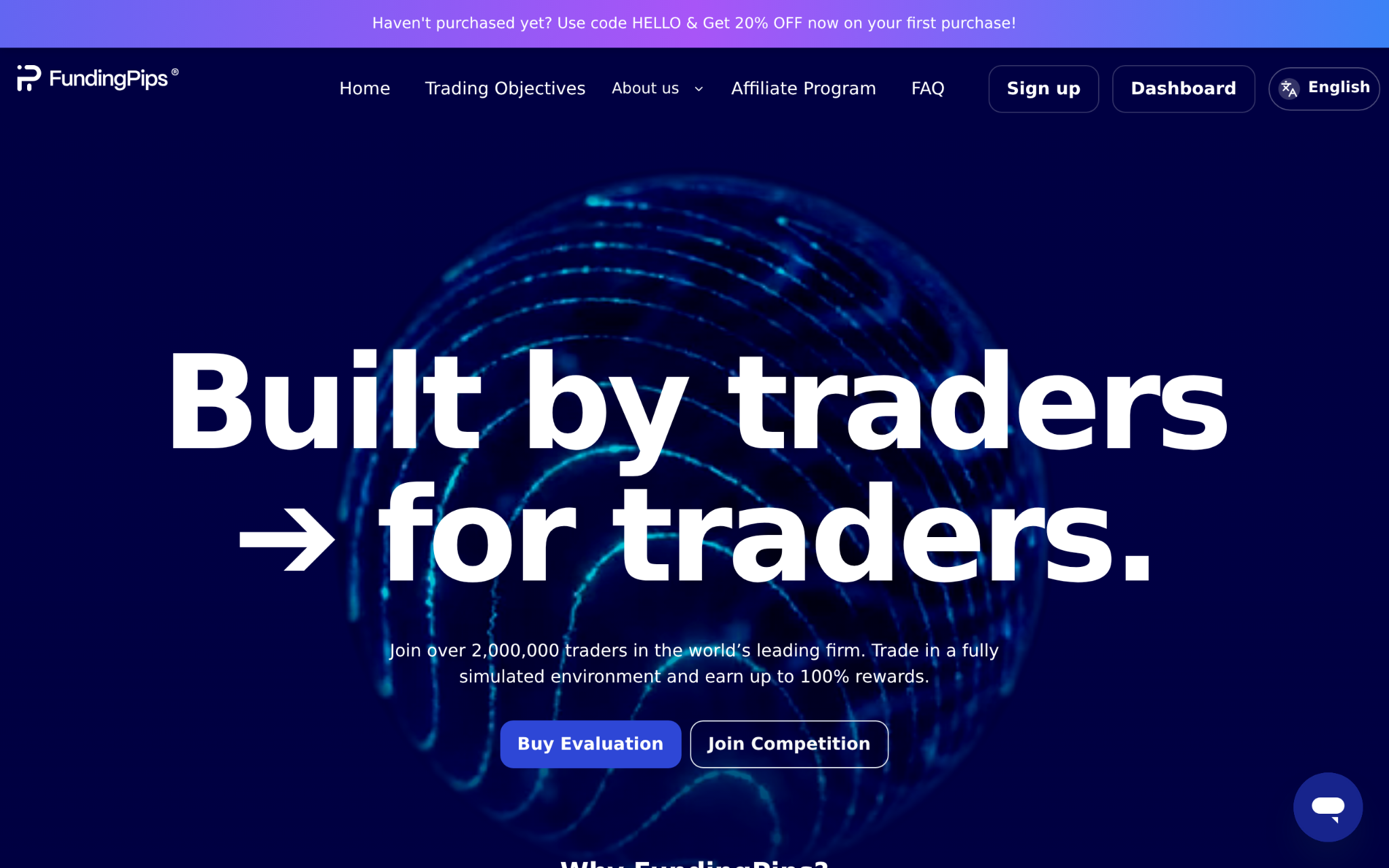 Screenshot of the FundingPips homepage promoting funded trader evaluations and rewards.