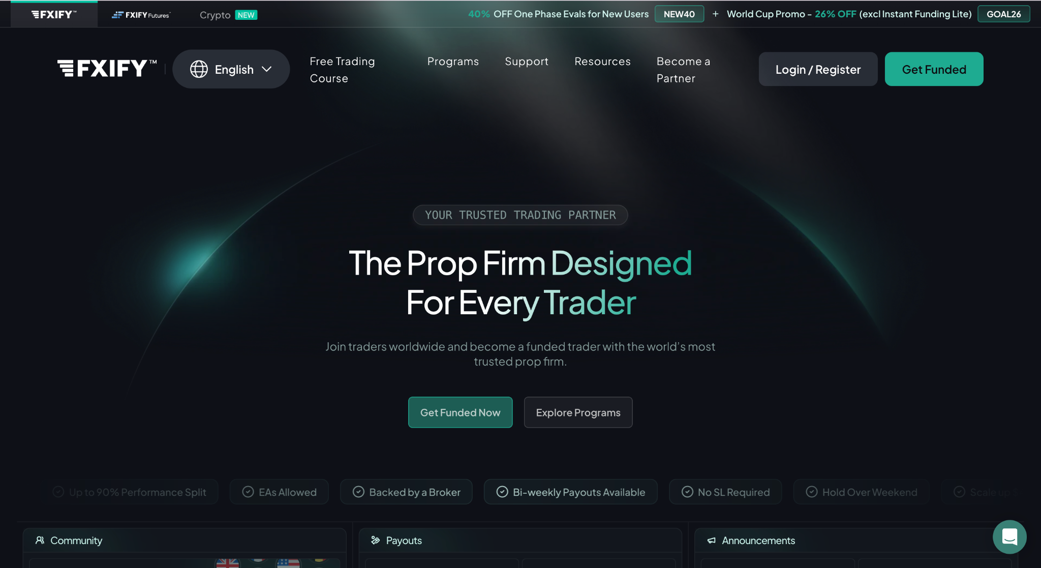 Screenshot of the FXIFY homepage promoting funded trading programmes for traders.