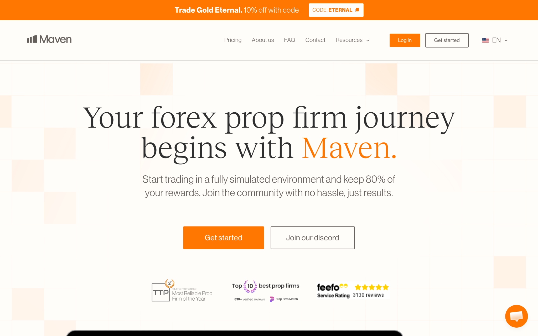 Screenshot of the Maven homepage promoting a funded forex prop firm platform.