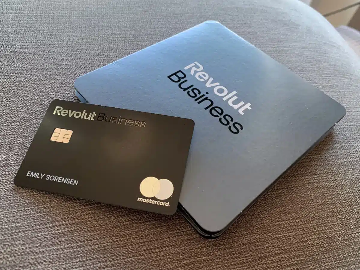 Revolut Business card placed on top of a branded presentation box.