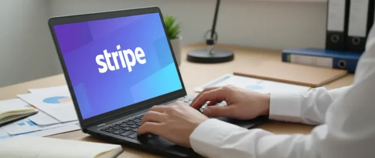 Person using a laptop displaying the Stripe payment platform logo.