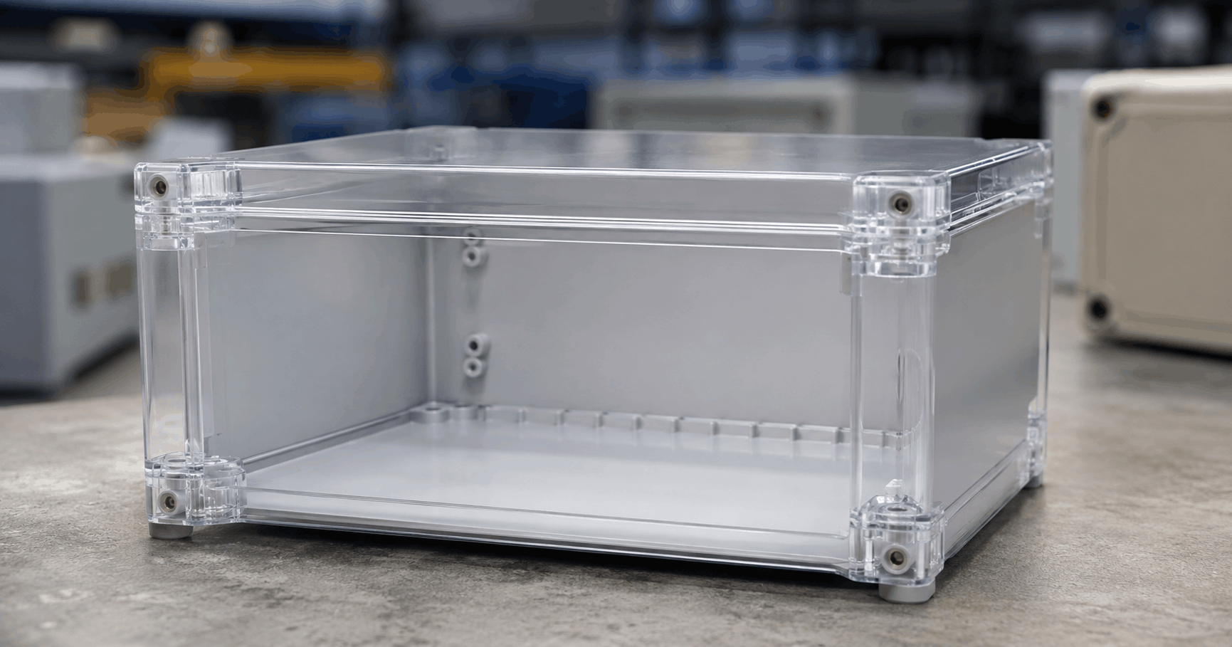 Clear plastic electrical enclosure box on a workshop bench.