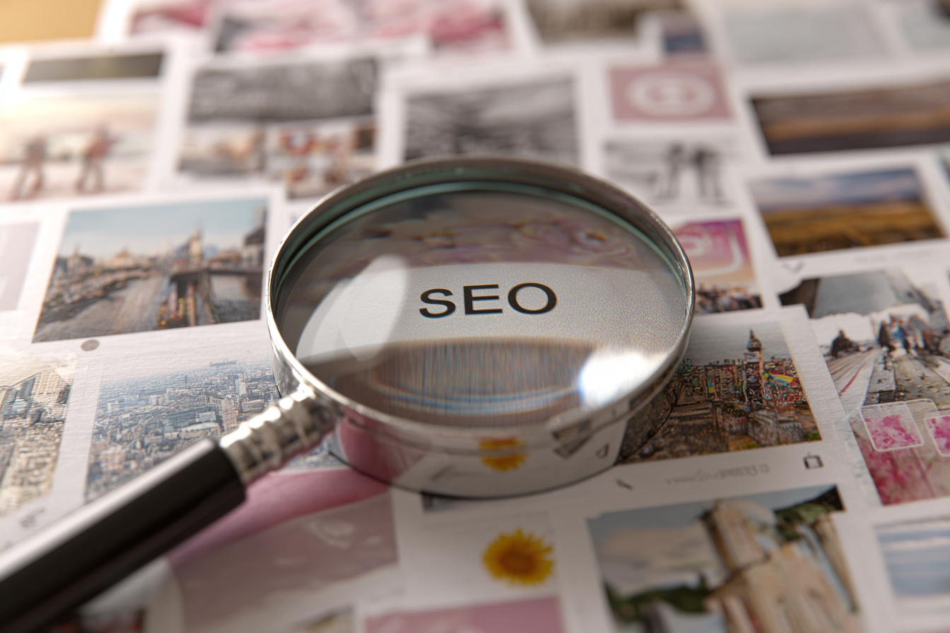 Magnifying glass highlighting the word “SEO” over a collage of printed images.