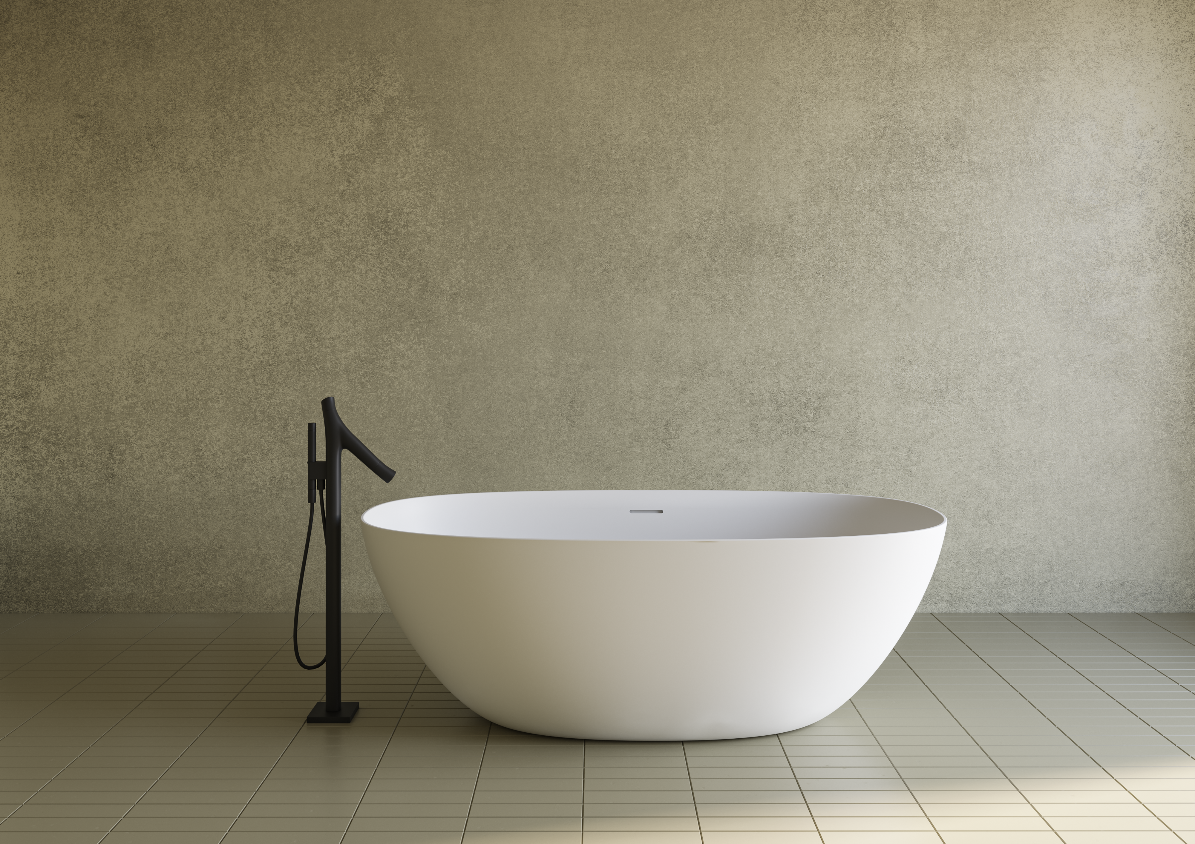 White freestanding bathtub with a black floor-mounted tap in a modern bathroom.