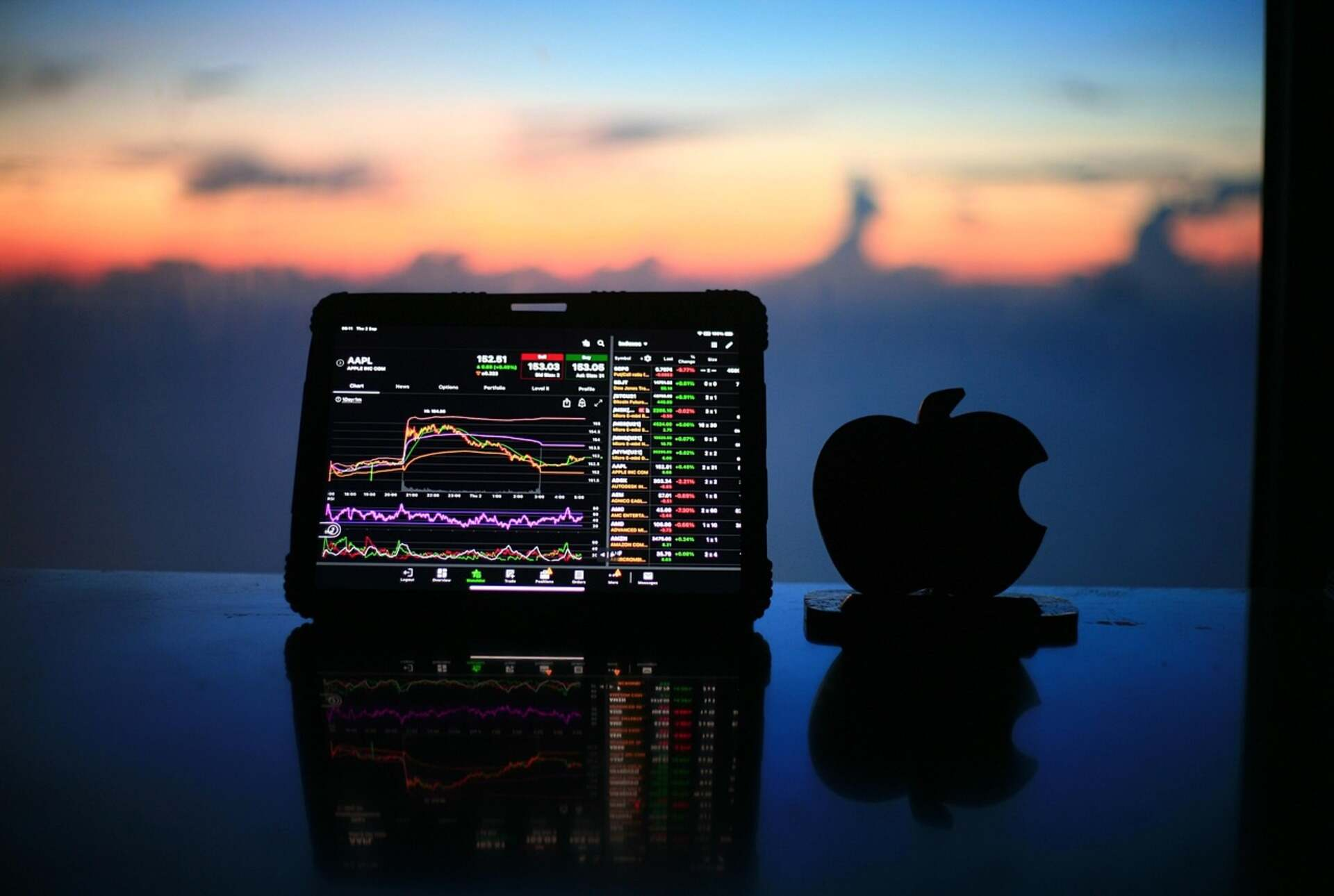 Tablet displaying Apple stock market charts beside an Apple logo at sunset.
