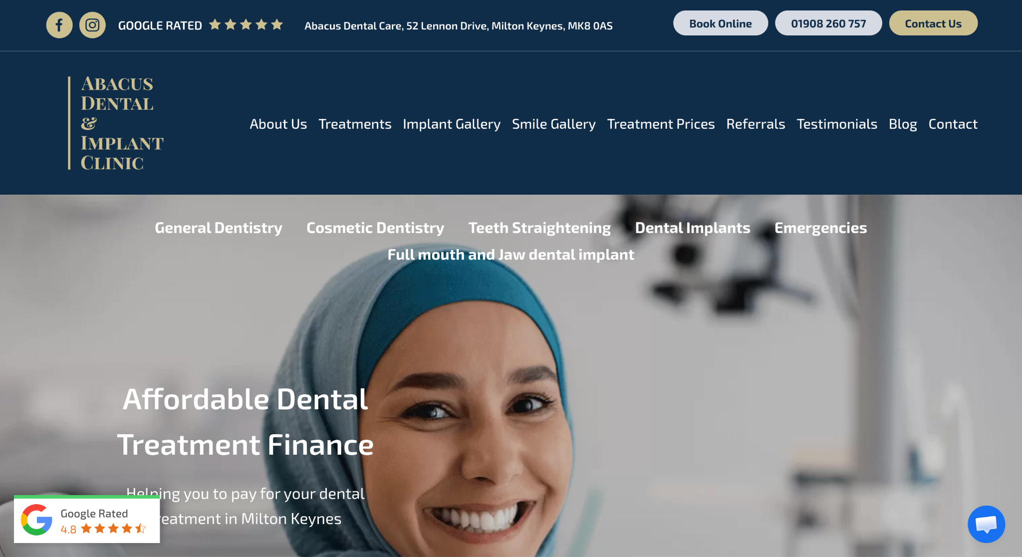 Screenshot of the Abacus Dental & Implant Clinic website promoting affordable dental treatment finance.