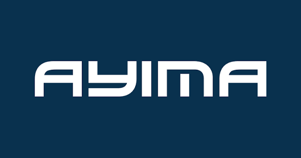 AYIMA logo in white text on a dark blue background.