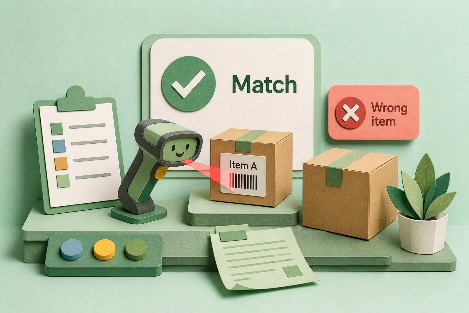 Illustration of a barcode scanner checking whether a boxed item matches the correct product.