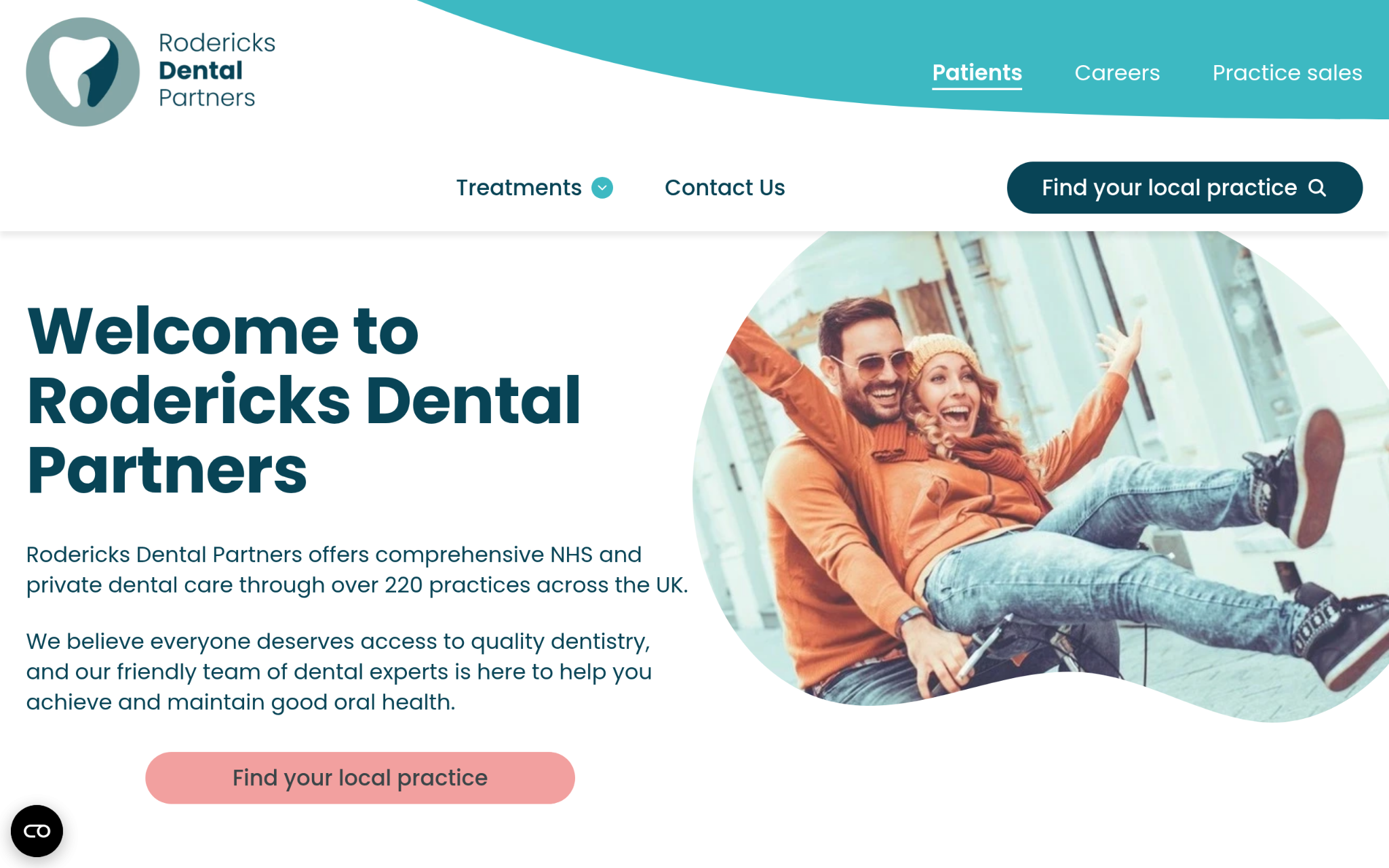 Screenshot of the Rodericks Dental Partners website promoting NHS and private dental care across the UK.
