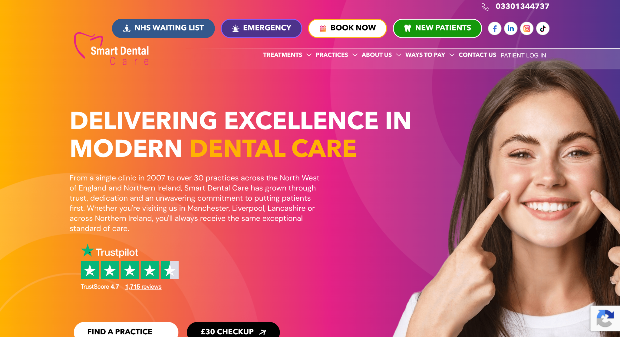 Screenshot of the Smart Dental Care website promoting modern dental services and practice locations.