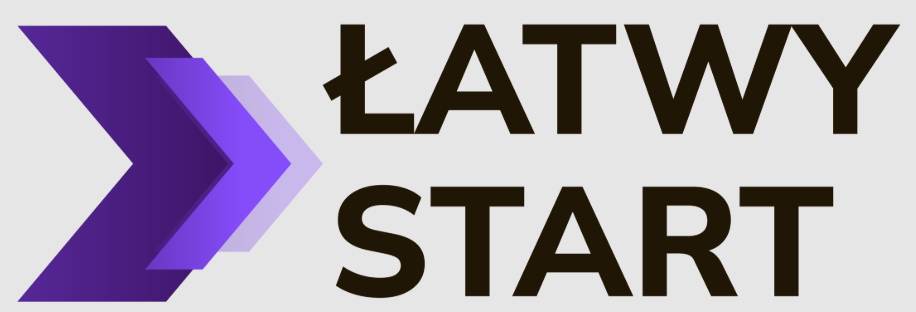 Logo with purple arrow shapes pointing right and bold black text reading "ŁATWY START".