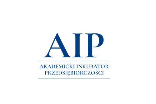 Blue logo with the letters "AIP" above the text "Akademicki Inkubator Przedsiębiorczości".