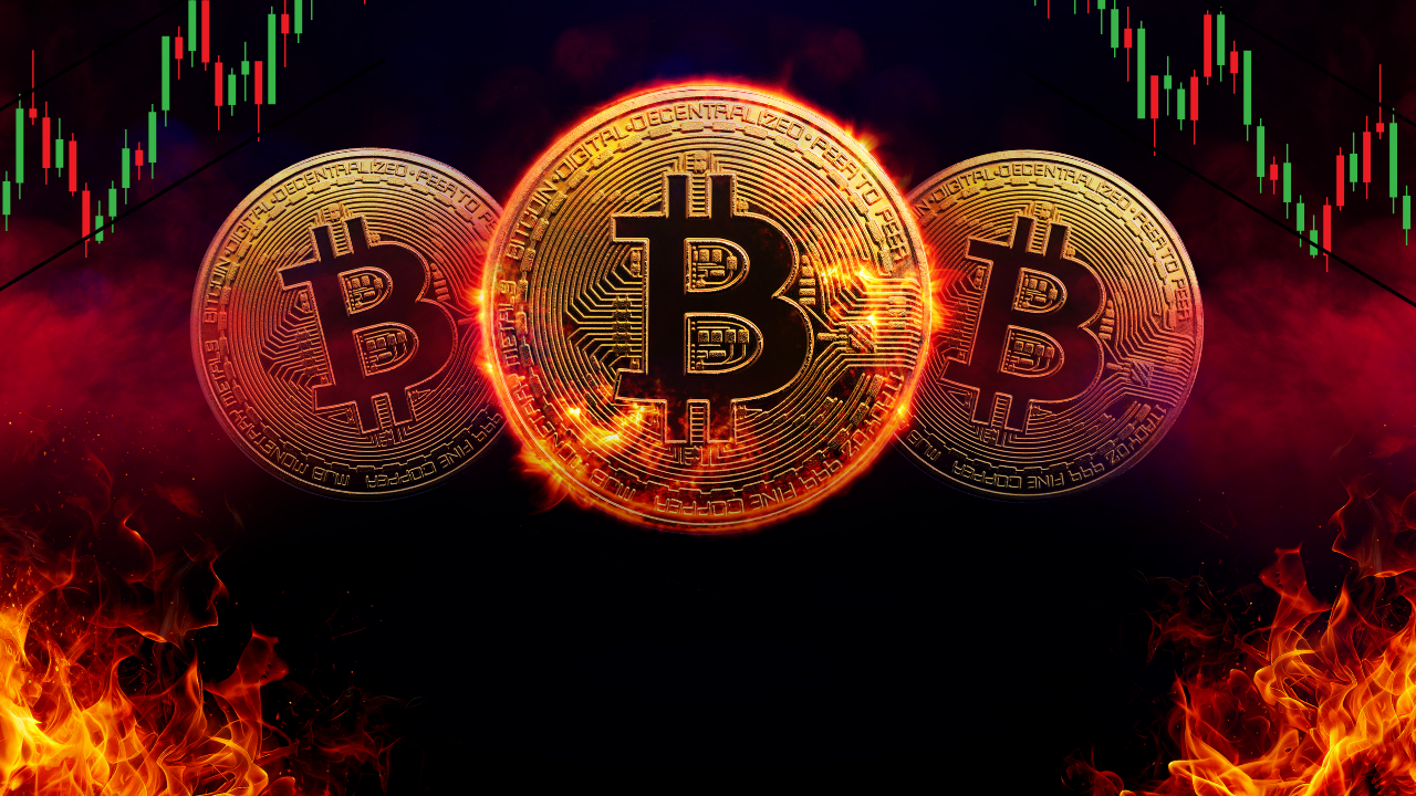 Glowing Bitcoin coins with fire effects in the foreground and stock market candlestick charts in the background.