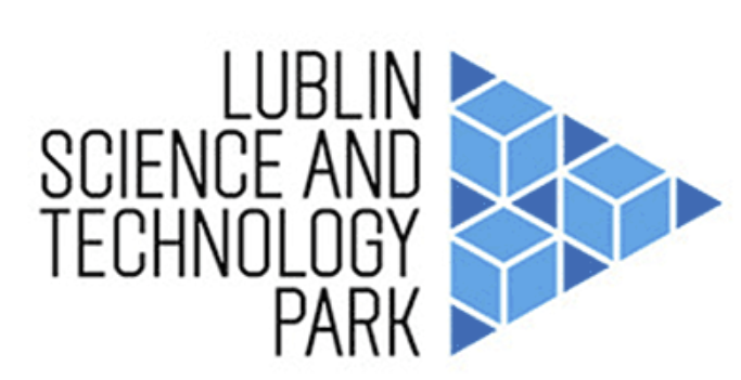 Logo of Lublin Science and Technology Park with geometric blue cube design shaped into a triangle.