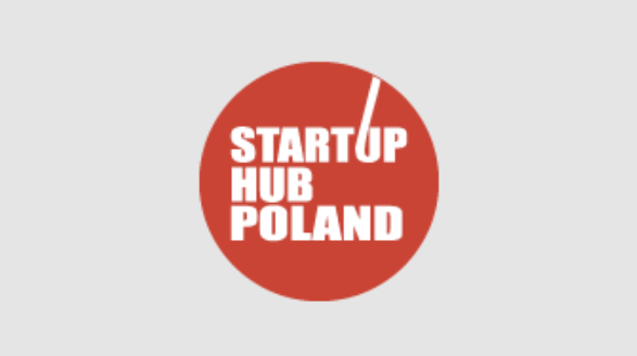Red circular logo with white text reading "STARTUP HUB POLAND" and a diagonal line extending from the letter "U".