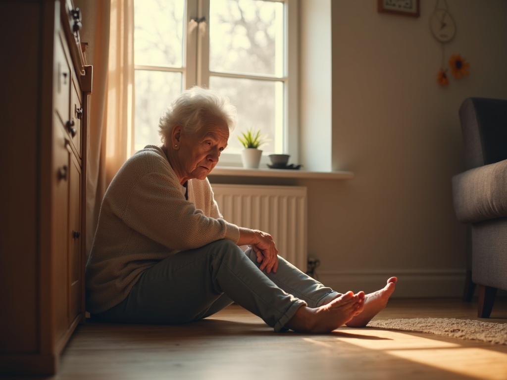Elderly woman sitting on the floor near a window, appearing thoughtful or sad.
