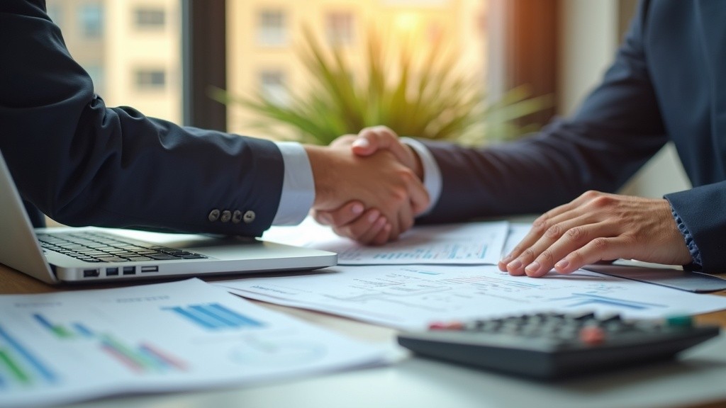 Two business professionals shaking hands over a desk with financial documents and a laptop.