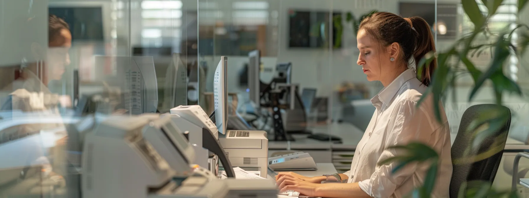 A woman at a desk using a computer, representing the theme of reducing expenses with cloud fax services.