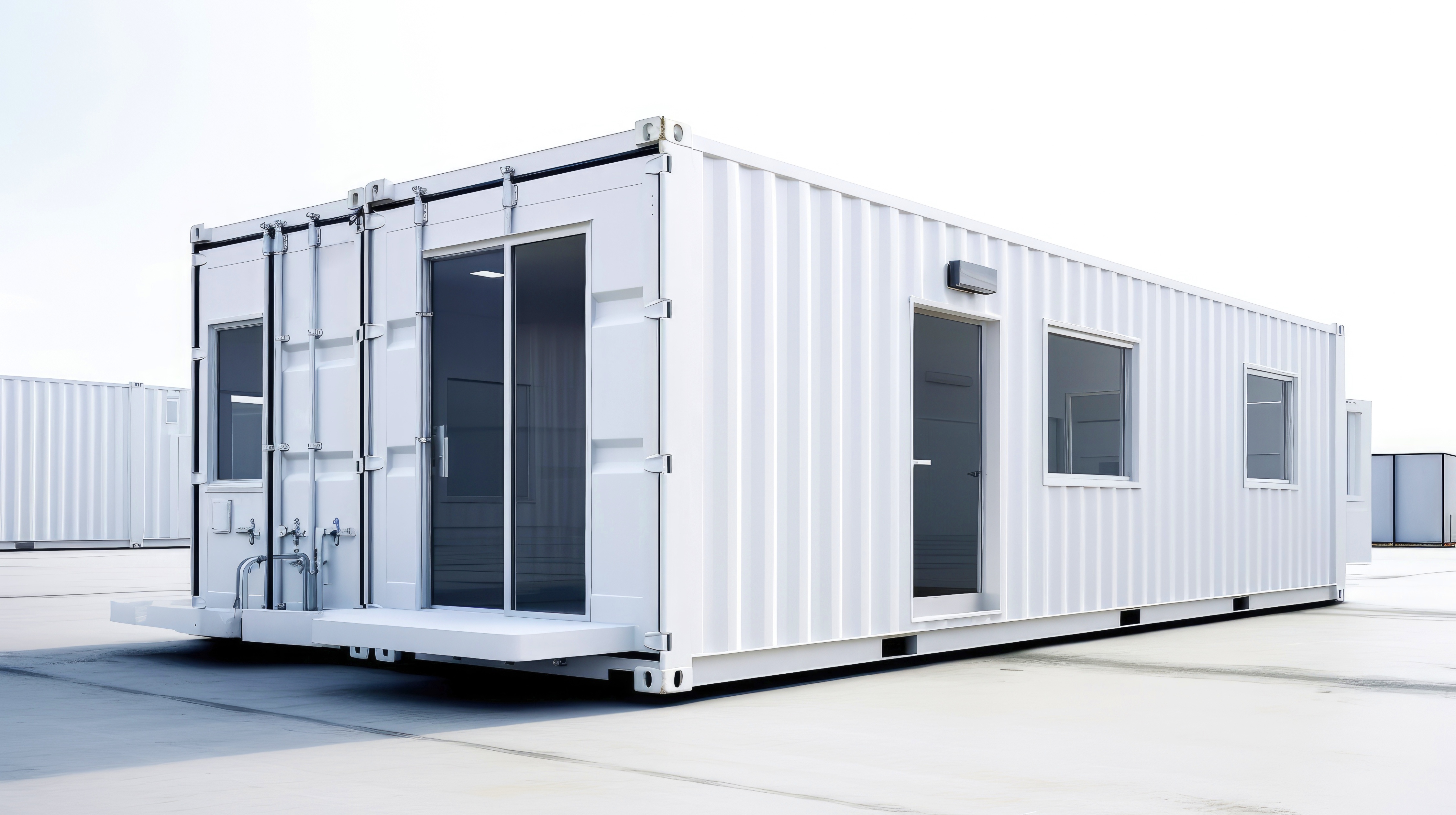 New white shipping container with windows and doors