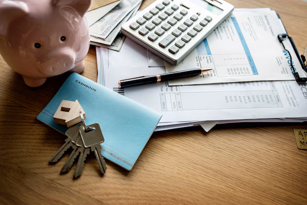Keys, calculator and property paperwork on a desk beside a piggy bank.