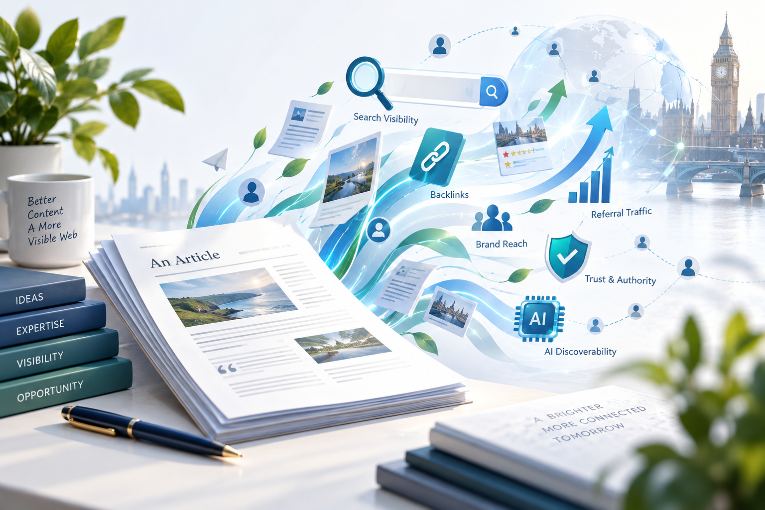 Illustration of article content flowing across the web to support search visibility, backlinks, referral traffic, brand reach, trust and AI discoverability.