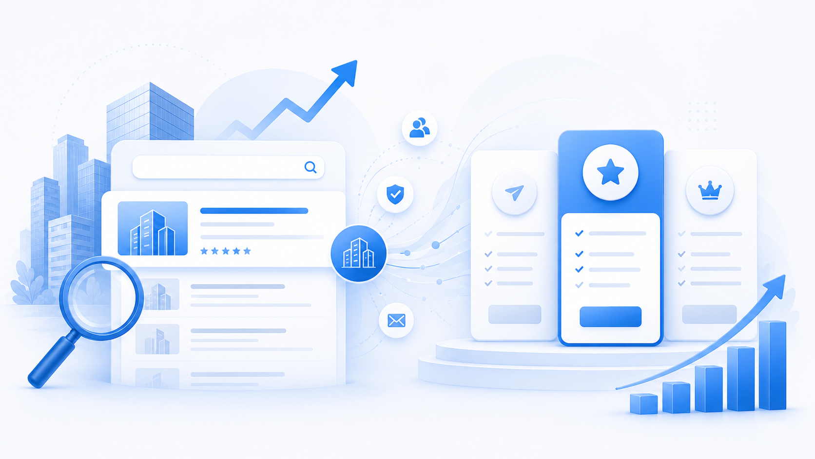 Blue illustration showing a directory search panel and highlighted premium listing comparison cards.